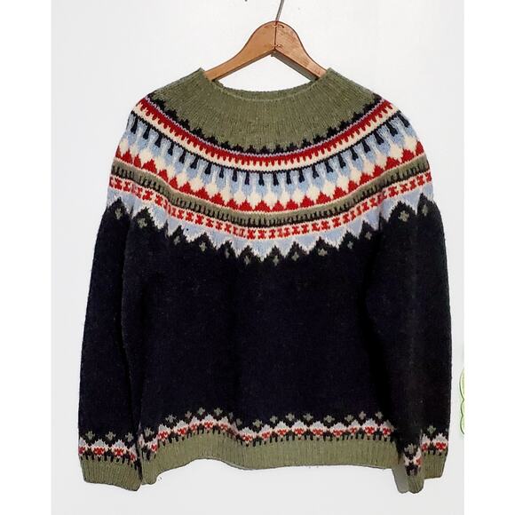 Eddie Bauer Womens Green Fair Isle Wool Sweater Size Large Cabincore Winter Boho - Picture 1 of 6